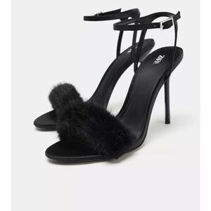 Zara Elegant Black Fur Strap Heels NWT 41